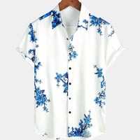 Weißes Herren Sommerhemd | Blumenprint | Kurzarm | Knopfleiste | Blau-Luzern Mode