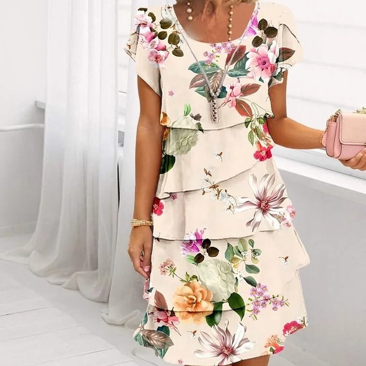 Wasserfall Sommerkleid Damen | Geblümt | Luftig | A-Linie | Boho Look | S bis 5XL-Beige-S-Luzern Mode