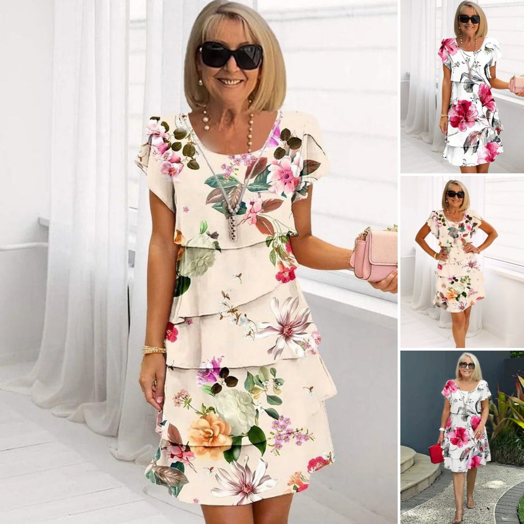 Wasserfall Sommerkleid Damen | Geblümt | Luftig | A-Linie | Boho Look | S bis 5XL-Beige+Rot-S-Luzern Mode