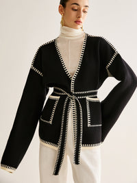 Eleganter Damen Strickcardigan mit Taschen und Gürtel-Detail-S-Luzern Mode