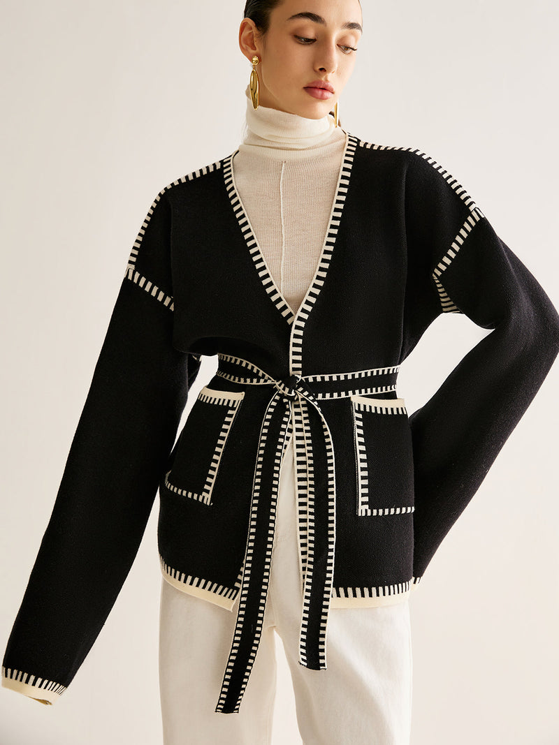 Eleganter Damen Strickcardigan mit Taschen und Gürtel-Detail-S-Luzern Mode