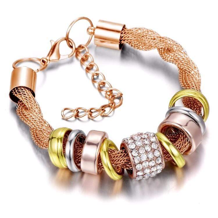 Verflochtenes Damenarmband mit Strass und Ringen Design-Roségold-Luzern Mode