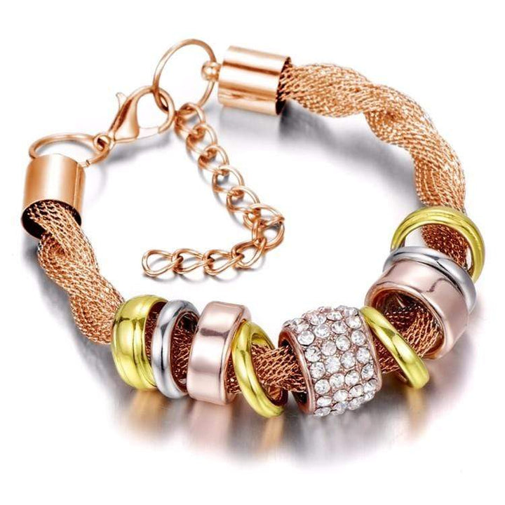 Verflochtenes Damenarmband mit Strass und Ringen Design-Roségold-Luzern Mode