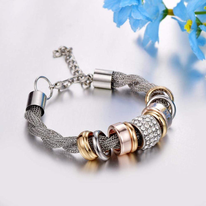 Verflochtenes Damenarmband mit Strass und Ringen Design-Luzern Mode