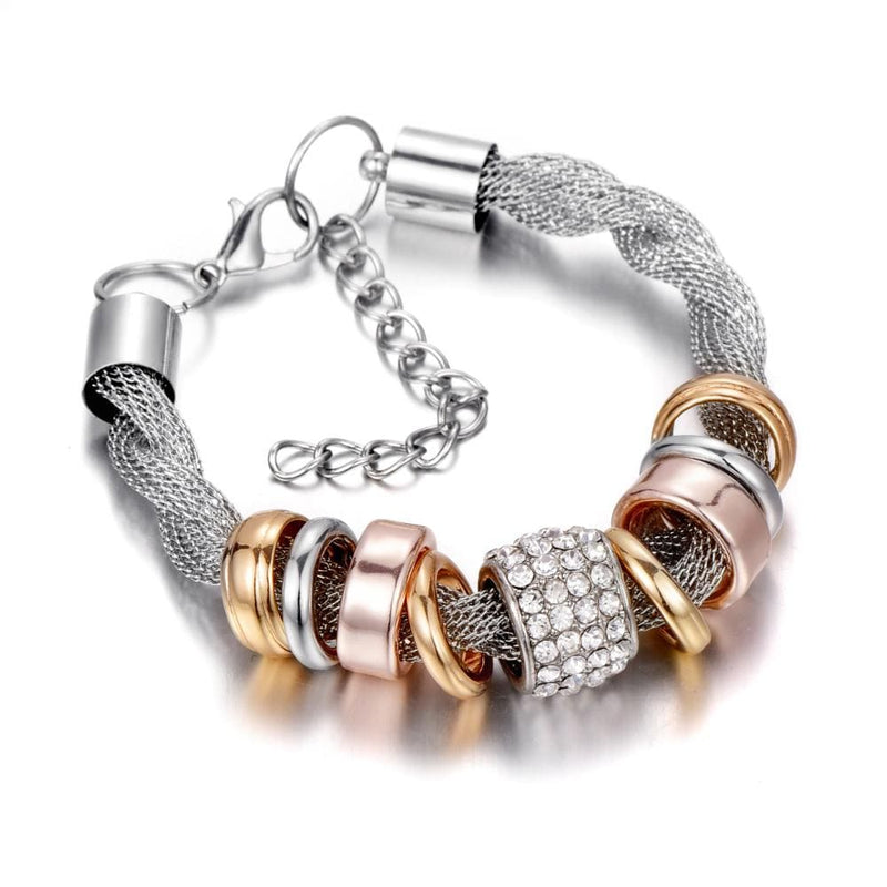 Verflochtenes Damenarmband mit Strass und Ringen Design-Silber-Luzern Mode