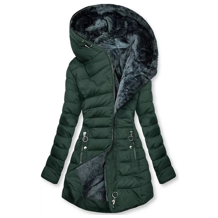 Damen Winterjacke | Fleece-Futter | Wasserdicht | Reißverschluss | Lang | Kapuze-Dunkelgrün-S-Luzern Mode