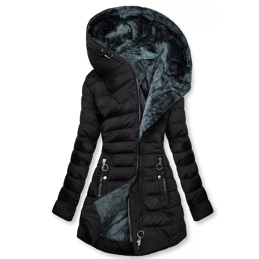 Damen Winterjacke | Fleece-Futter | Wasserdicht | Reißverschluss | Lang | Kapuze-Schwarz-S-Luzern Mode