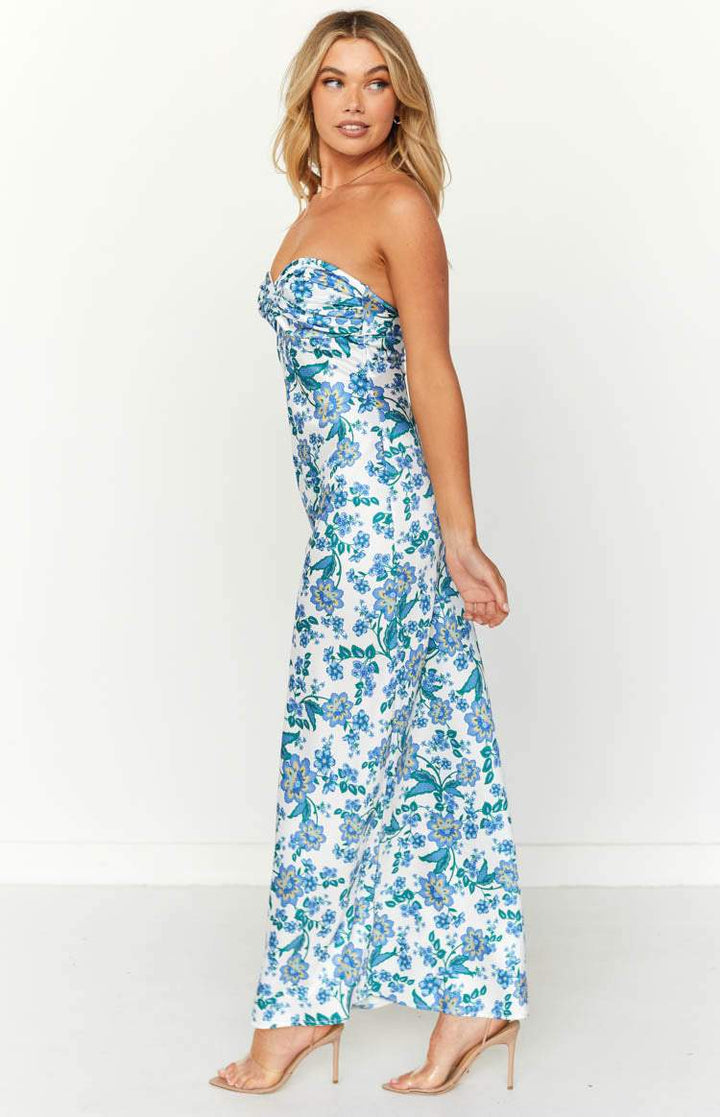 Geknotetes Etuikleid mit blauem Blumenmuster – Mireva