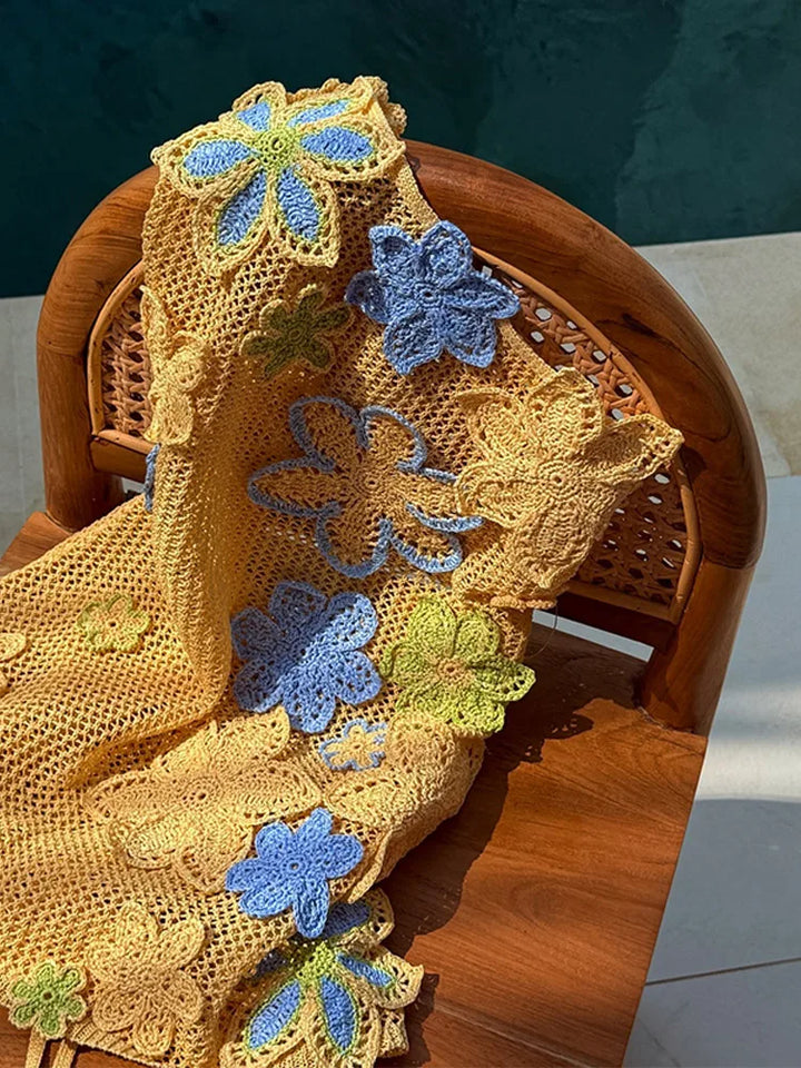 Minikleid Damen gehäkelt | florale Stickerei | ärmellos | luftdurchlässig | gelb-Luzern Mode