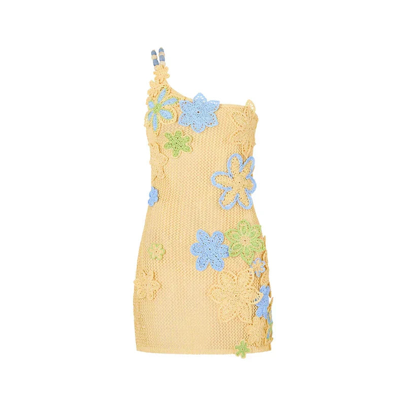 Minikleid Damen gehäkelt | florale Stickerei | ärmellos | luftdurchlässig | gelb-Luzern Mode