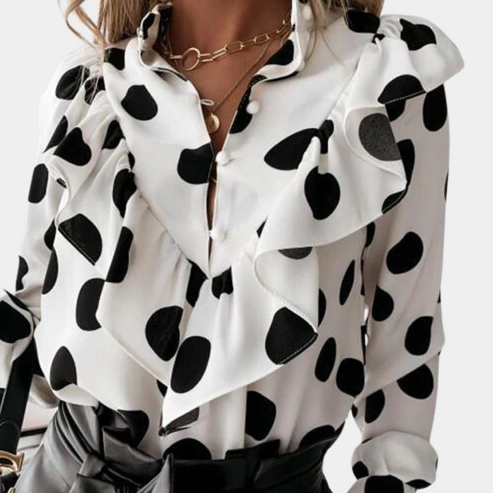Fließender Schnitt | Volantdetails | luftige Passform | gepunktete Bluse S–2XL-Polkaweiß-S-Luzern Mode