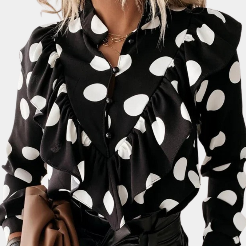 Fließender Schnitt | Volantdetails | luftige Passform | gepunktete Bluse S–2XL-Schwarz-S-Luzern Mode
