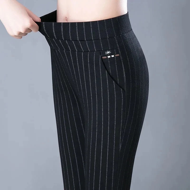 Damen Stretchhose mit Streifenmuster - Bequeme Passform-Schwarze Streifen-M-Luzern Mode