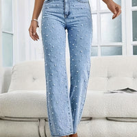 Damen High-Waist Jeans mit Perlen und Crop-Top Set-XS-Hellblau-Luzern Mode