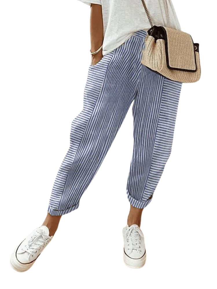 Gestreifte Damenhose | Lange Beine | Locker sitzend | Baumwolle | Mit Schnürzug-Blau-S-Luzern Mode
