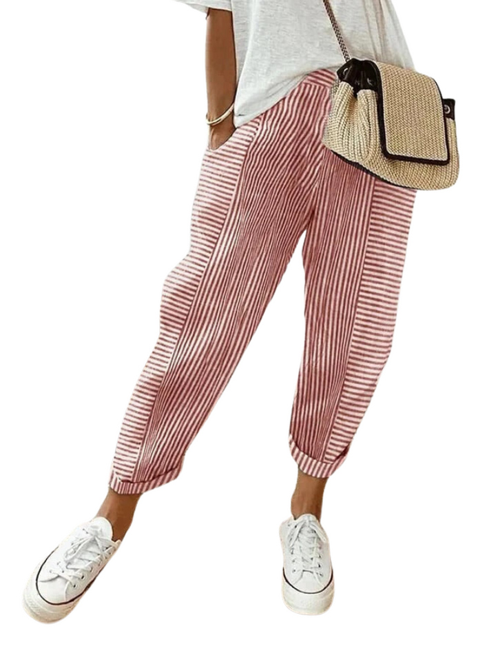 Gestreifte Damenhose | Lange Beine | Locker sitzend | Baumwolle | Mit Schnürzug-Rot-S-Luzern Mode