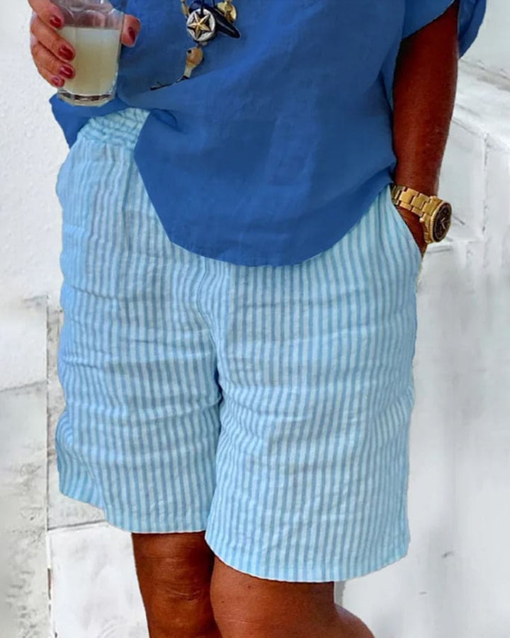 Gestreifte Damen Shorts | Baumwolle | Leinen | Luftig | Locker sitzend-Blau-S-Luzern Mode