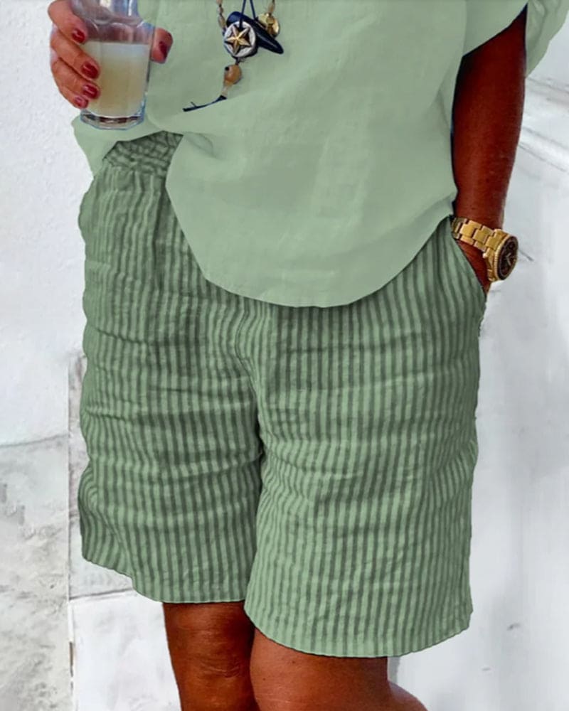 Gestreifte Damen Shorts | Baumwolle | Leinen | Luftig | Locker sitzend-Grün-S-Luzern Mode