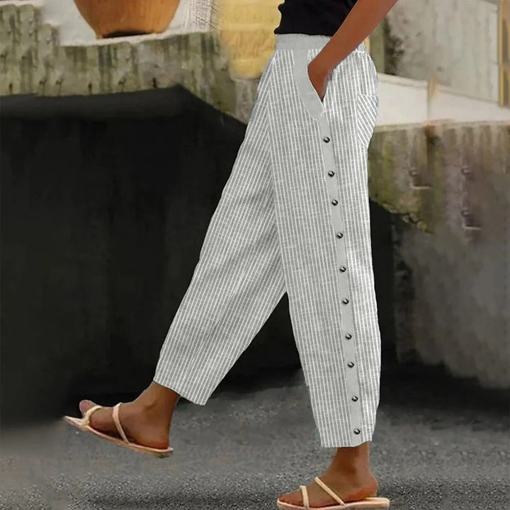 Gestreifte Damen Hose | Zierknöpfen | Hohe Taille | Lockere Schnitt-Luzern Mode