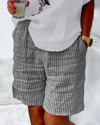 Gestreifte Damen Shorts | Leinen-Baumwolle | Kurzer Schnitt | Taschen-Grau-S-Luzern Mode