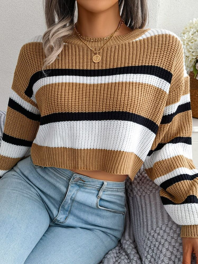 Gestreifter Damenpullover mit Rundhalsausschnitt kaufen-Khaki-S-Luzern Mode