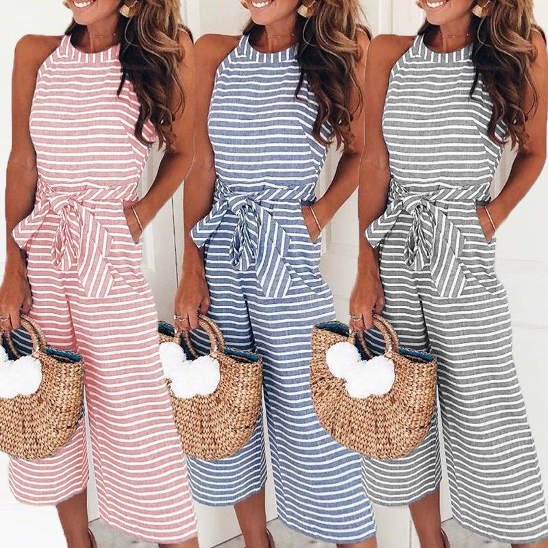 Damen Jumpsuit Sommer | Streifen Look | Weite Beine | V-Ausschnitt Style-Luzern Mode