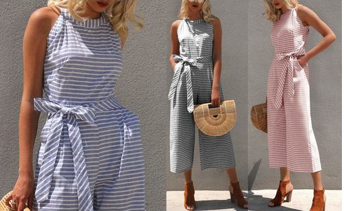 Damen Jumpsuit Sommer | Streifen Look | Weite Beine | V-Ausschnitt Style-Luzern Mode