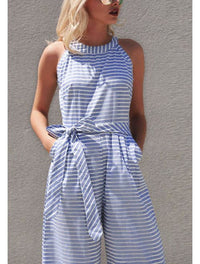 Damen Jumpsuit Sommer | Streifen Look | Weite Beine | V-Ausschnitt Style-Luzern Mode