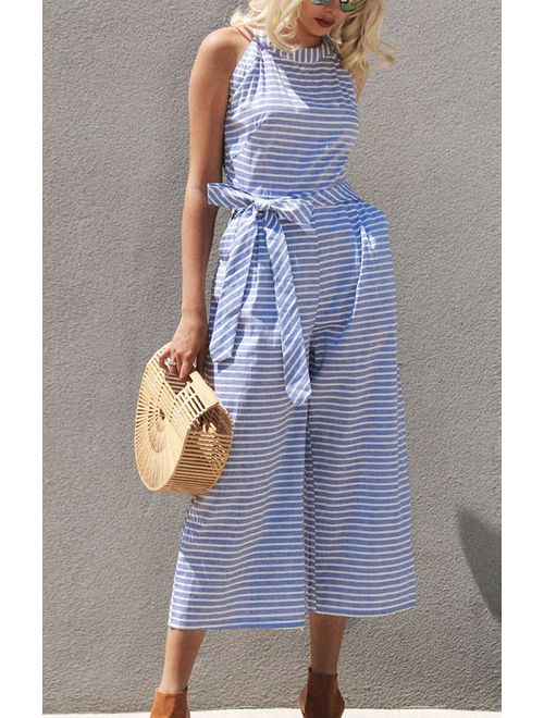 Damen Jumpsuit Sommer | Streifen Look | Weite Beine | V-Ausschnitt Style-Luzern Mode