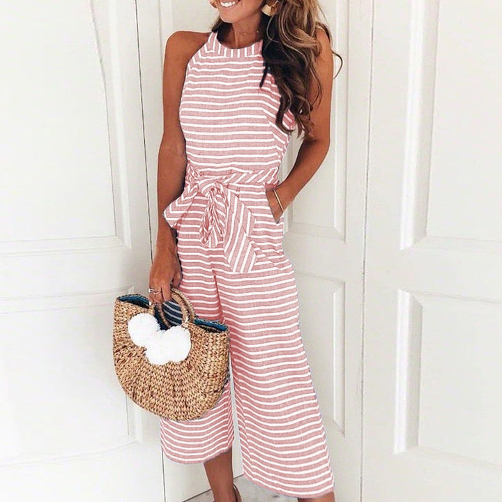 Damen Jumpsuit Sommer | Streifen Look | Weite Beine | V-Ausschnitt Style-Rosé-S-Luzern Mode