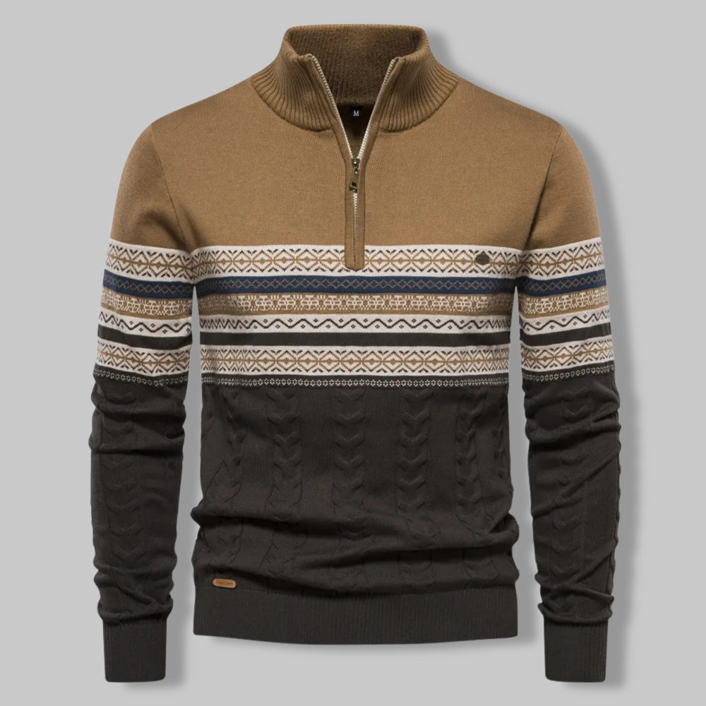 Herren Norwegerpullover mit Reißverschluss und Muster-Khaki-S-Luzern Mode