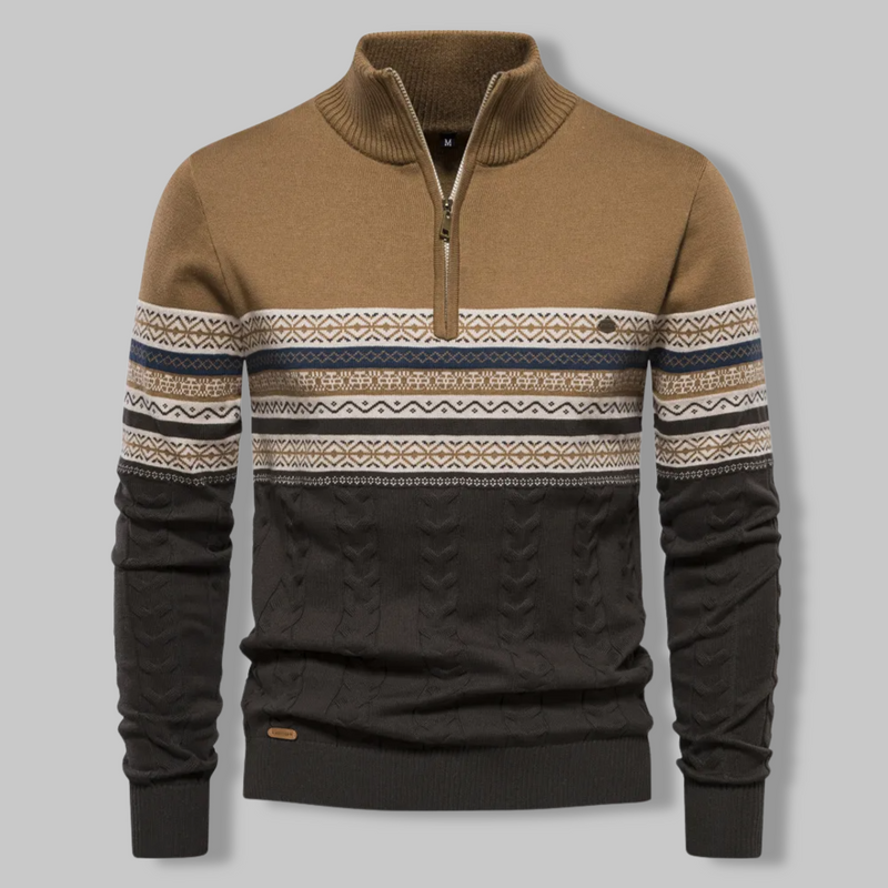 Herren Norwegerpullover mit Reißverschluss und Muster-Khaki-S-Luzern Mode