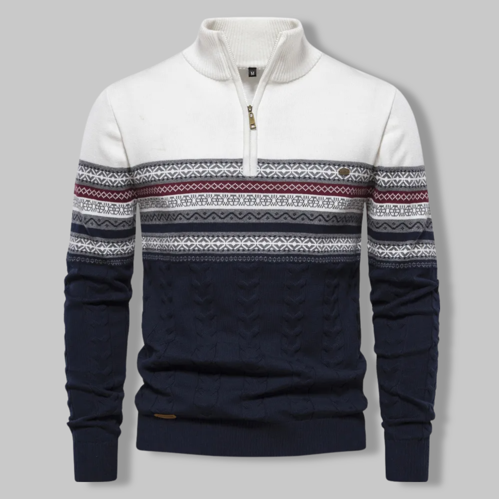 Herren Norwegerpullover mit Reißverschluss und Muster-Weiß-S-Luzern Mode