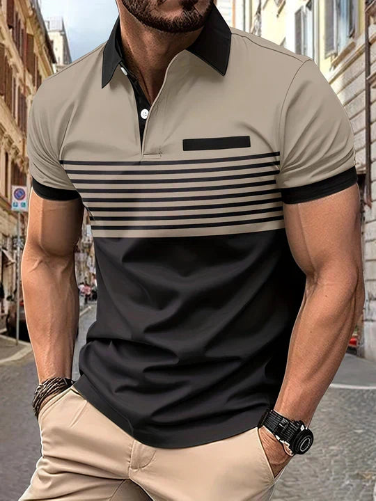 Herren Polohemd | Kurze Ärmel | Knopfleiste | Kragen | Gestreift-Khaki-XS-Luzern Mode
