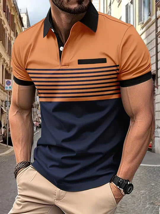 Herren Polohemd | Kurze Ärmel | Knopfleiste | Kragen | Gestreift-Orange-XS-Luzern Mode
