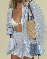 Sommer Set Damen Blau | gestreiftes Zweiteiler Outfit | luftig und bequem-S-Luzern Mode