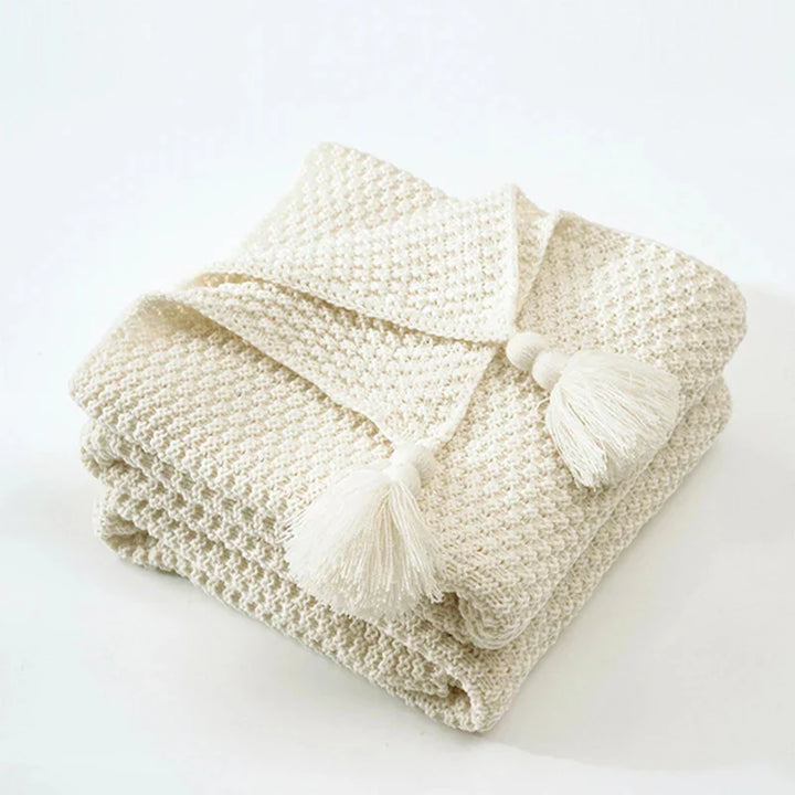 Gestrickte Decke | Wolle Warm Quasten Stilvoll Schlicht Charmant Komfortabel-Beige-110x150cm-Luzern Mode