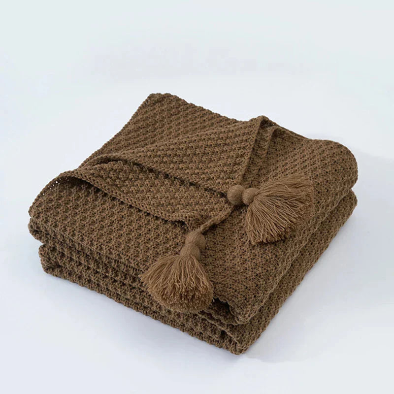 Gestrickte Decke | Wolle Warm Quasten Stilvoll Schlicht Charmant Komfortabel-Braun-110x150cm-Luzern Mode