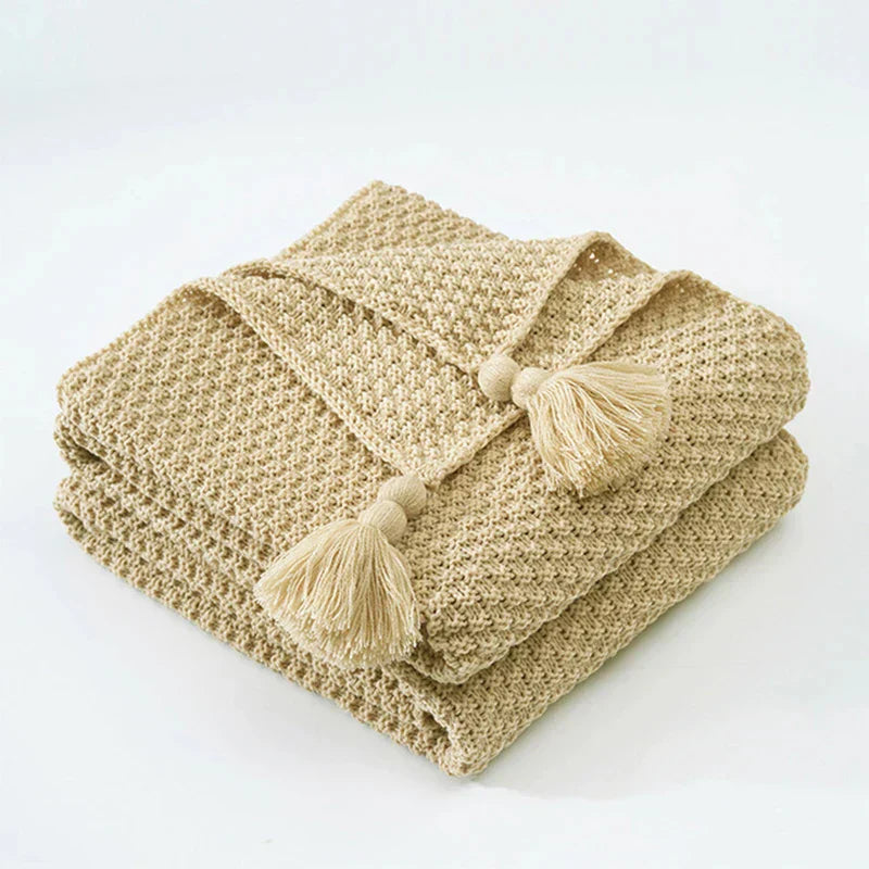 Gestrickte Decke | Wolle Warm Quasten Stilvoll Schlicht Charmant Komfortabel-Khaki-110x150cm-Luzern Mode