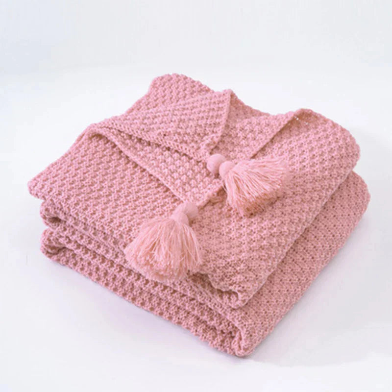 Gestrickte Decke | Wolle Warm Quasten Stilvoll Schlicht Charmant Komfortabel-Rosa-110x150cm-Luzern Mode