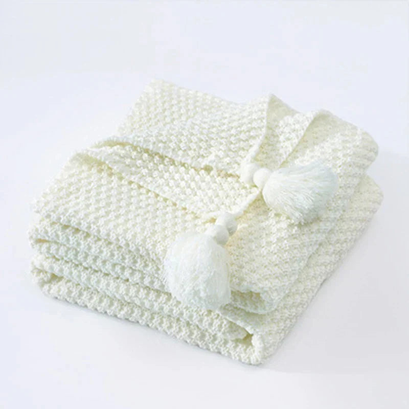 Gestrickte Decke | Wolle Warm Quasten Stilvoll Schlicht Charmant Komfortabel-Weiß-110x150cm-Luzern Mode
