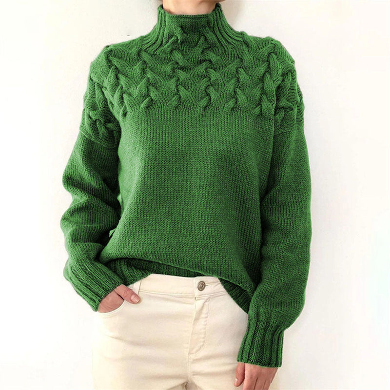 Damen Strickpullover mit Zopfmuster - Wintermode Bestseller-Grün-S-Luzern Mode