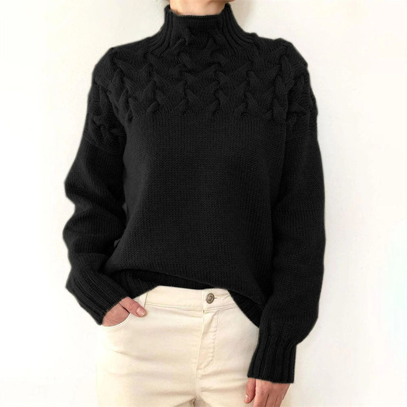 Damen Strickpullover mit Zopfmuster - Wintermode Bestseller-Schwarz-S-Luzern Mode