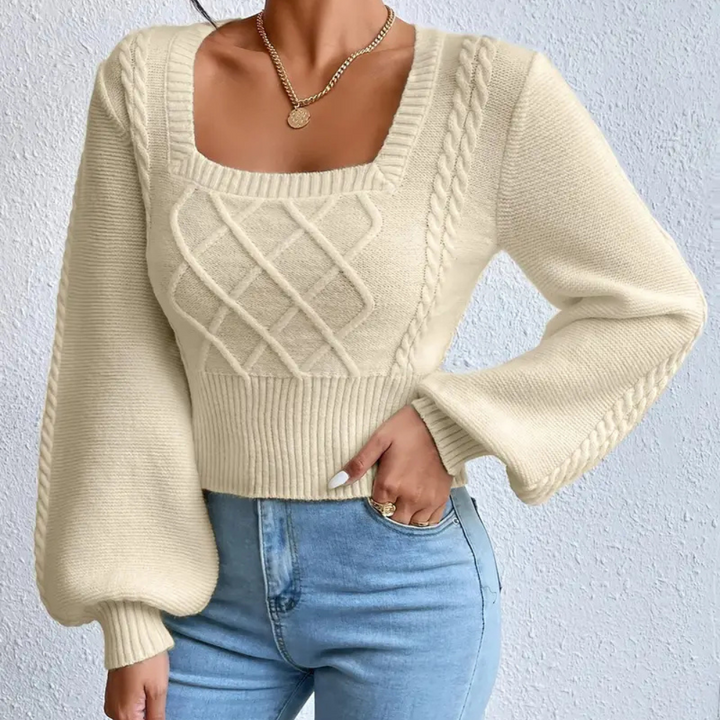 Damen Strickpullover mit Zopfmuster und Ballonärmeln-Luzern Mode