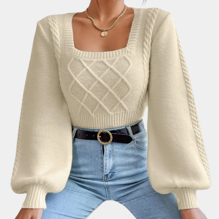 Damen Strickpullover mit Zopfmuster und Ballonärmeln-Luzern Mode
