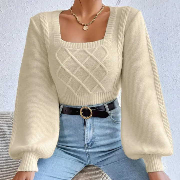 Damen Strickpullover mit Zopfmuster und Ballonärmeln-XS-Luzern Mode