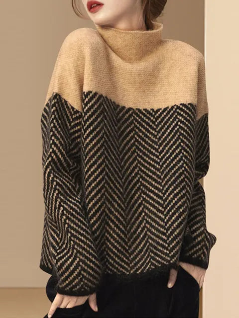 Damenpullover mit Zickzackmuster und Rollkragen kaufen-Khaki-Eén maat voor iedereen-Luzern Mode