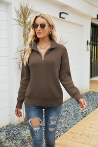 Damen Strickpullover mit Reißverschluss und Streifenmuster-Kamel-S-Luzern Mode
