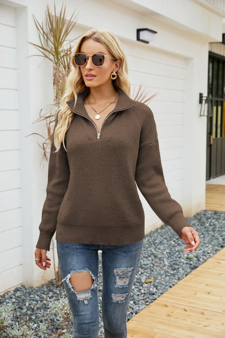 Damen Strickpullover mit Reißverschluss und Streifenmuster-Kamel-S-Luzern Mode