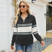 Damen Strickpullover mit Reißverschluss und Streifenmuster-Schwarz-S-Luzern Mode